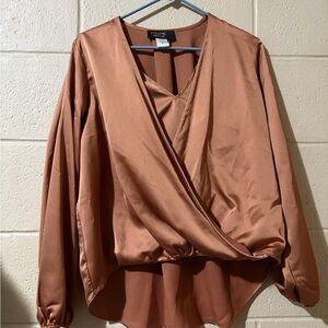 Renee C. Rust Brown Satin Surplice Blouse